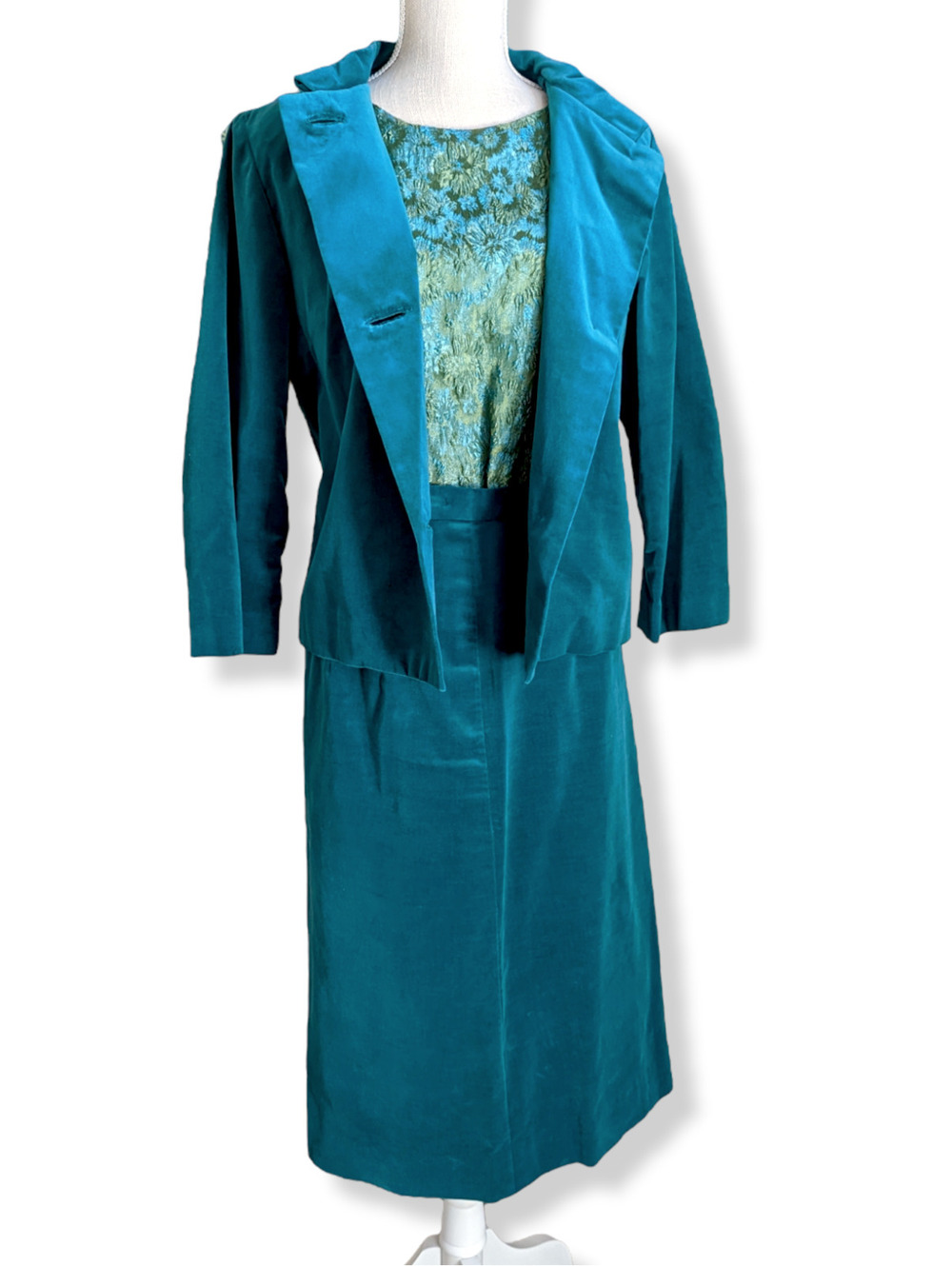 1960s Teal Green Velour Velvet Brocade 3 Piece Skirt Suit